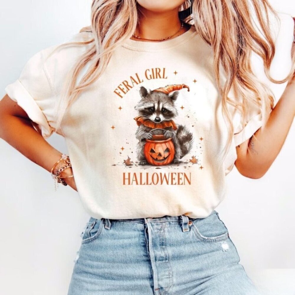 Feral Girl Halloween Tshirts Graphics Unisex Shirts Halloween Raccoon Shirt